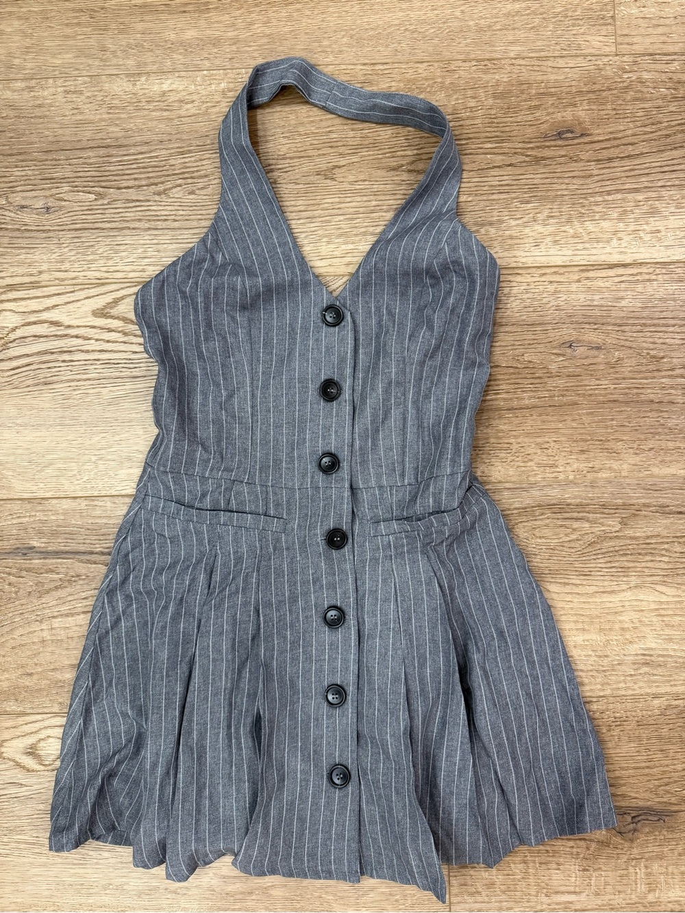 Lulu's Gray Pinstripe Halter Button-Front Mini Dress